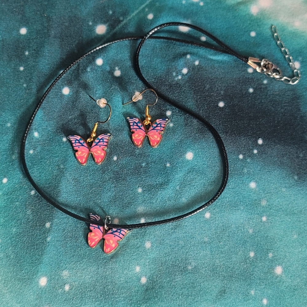 PINK AND BLUE BUTTERFLY JEWELRY SET